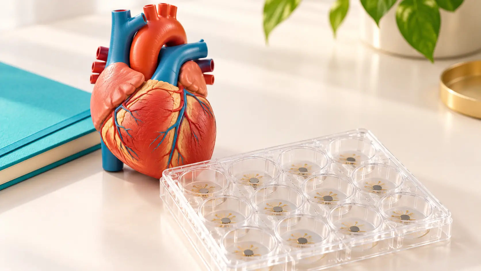 Anatomical Heart Model Beside A Clear Multiwell Plate And Turquoise Notebook On A Light Tabletop.