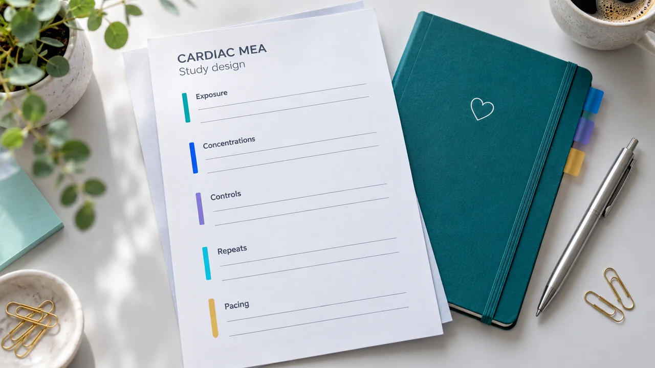 Cardiac Mea Study-Design Worksheet Beside A Teal Notebook, Coloured Tabs And A Silver Pen.