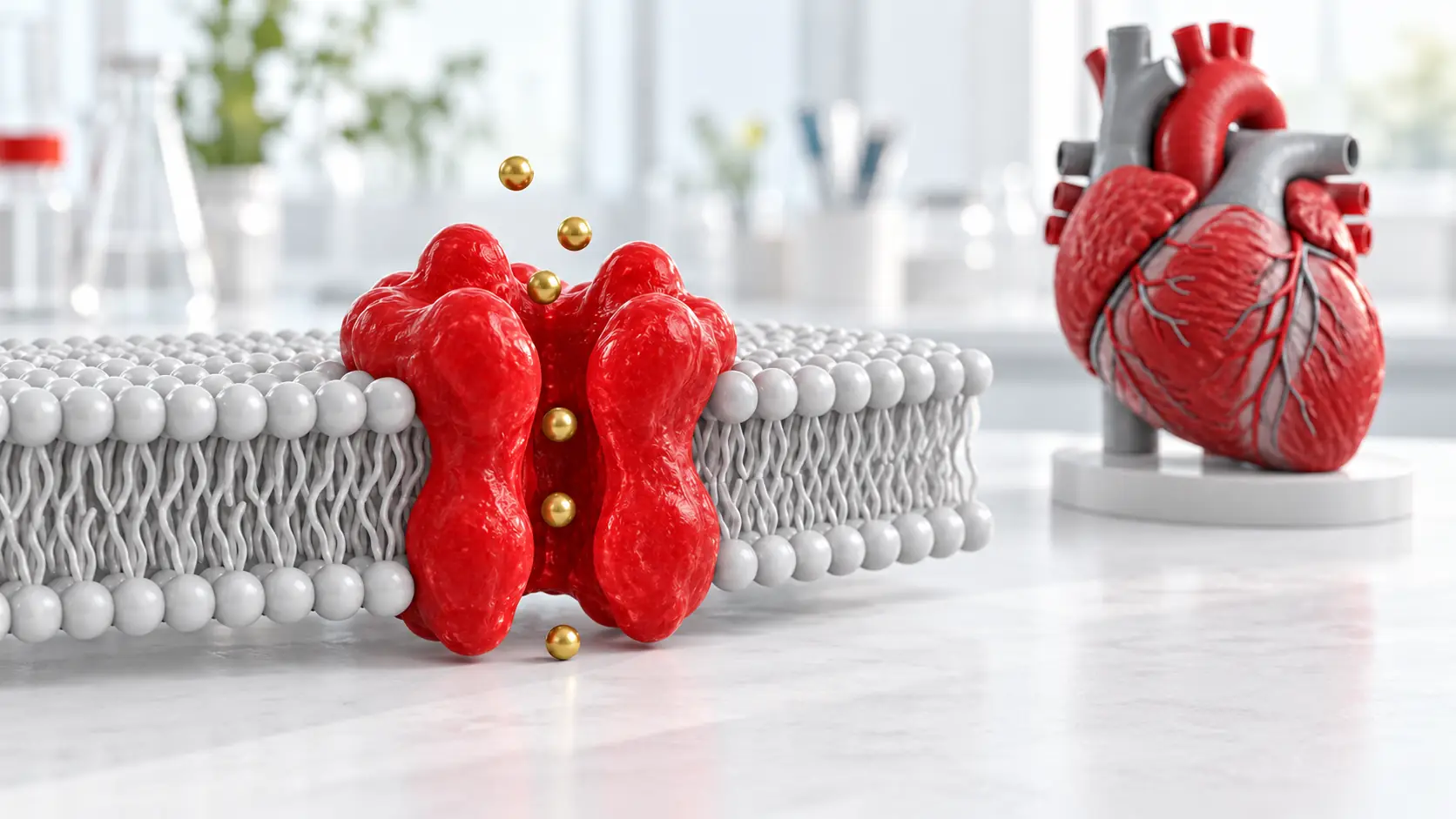 Conceptual Illustration Of A Red Ion Channel Within A Grey Cell Membrane, With A Heart Model In The Background.
