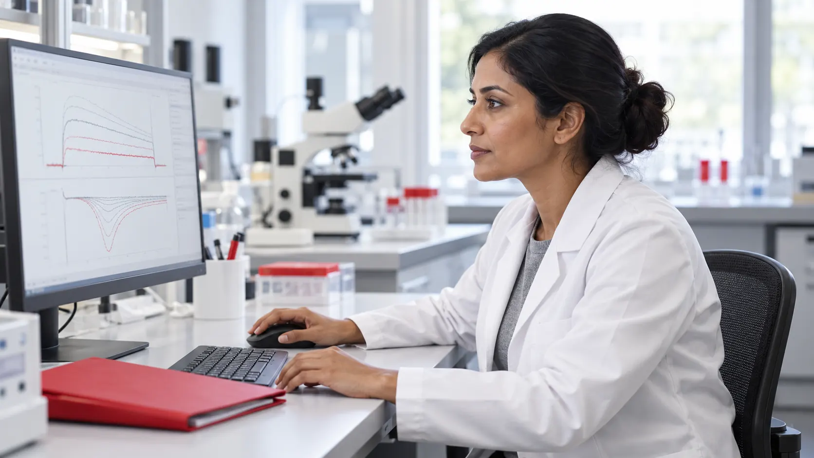Scientist In A White Lab Coat Reviewing Plotted Traces On A Computer Monitor In A Bright Laboratory.