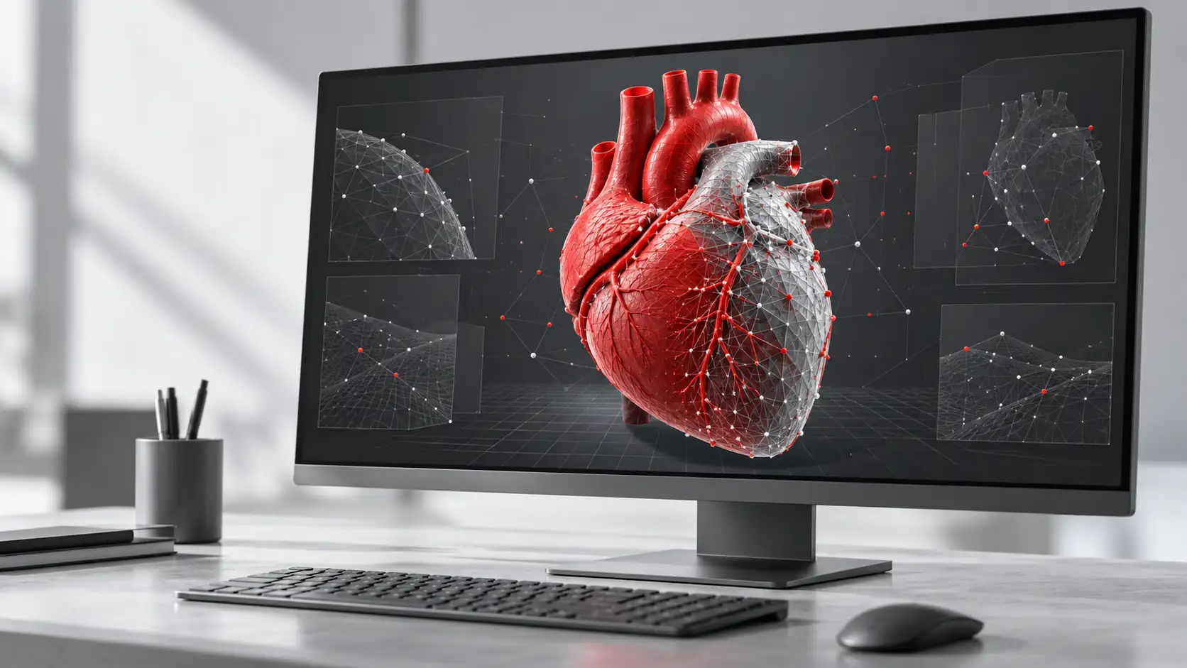 Computer Monitor Displaying A Red And Grey 3D Heart Model With A Wireframe Mesh.