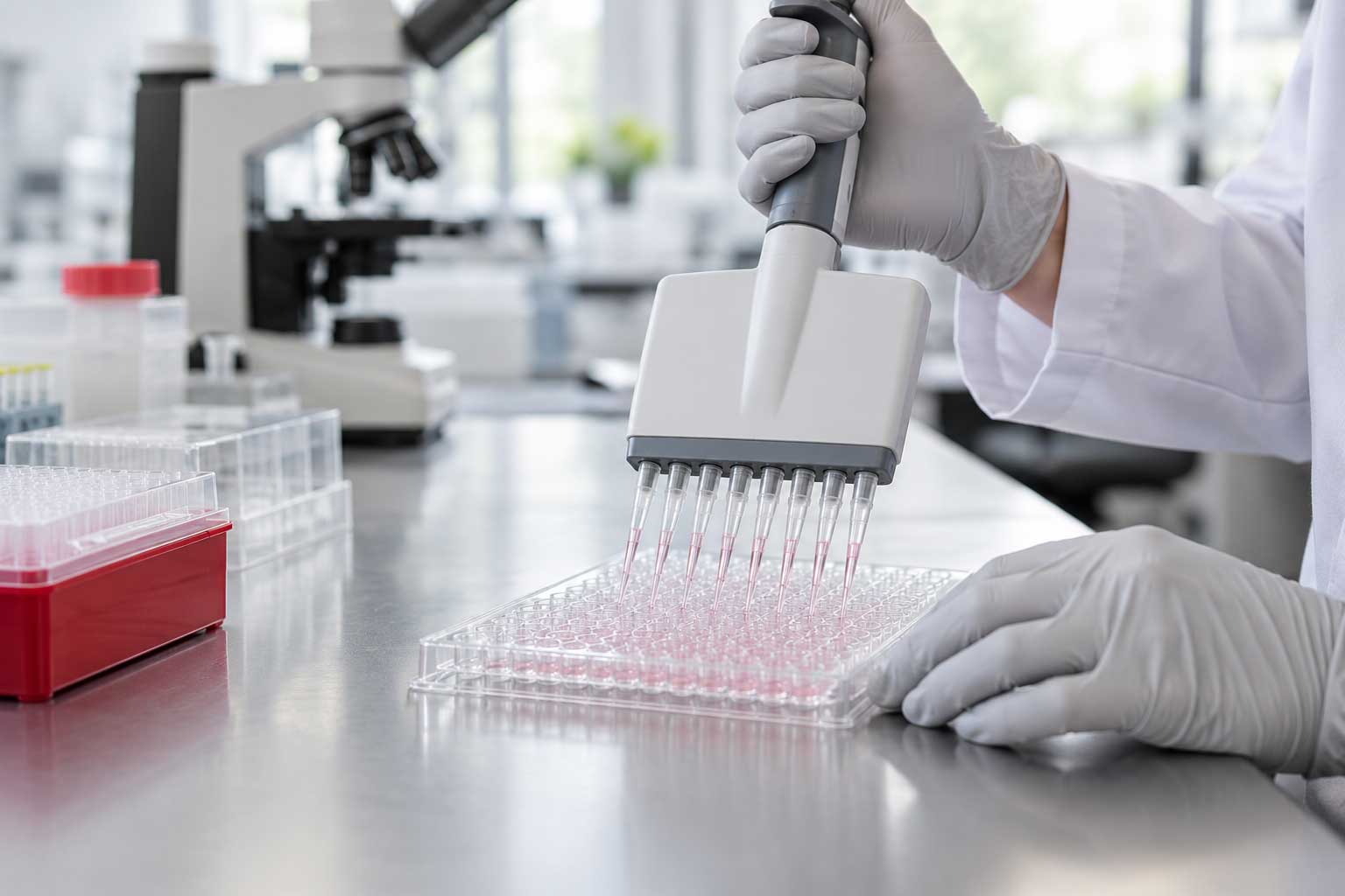 In Vitro Screening For Vascular Liability – Apconix Gloved Researcher Using A Multichannel Pipette To Dispense Liquid Into A Multiwell Plate On A Laboratory Bench.