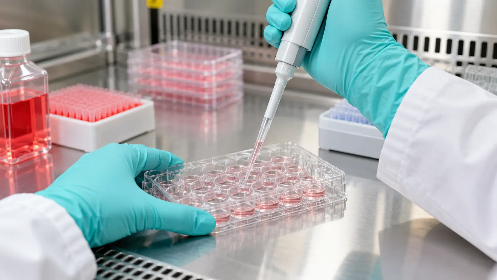 Gloved Hands Using A Pipette To Add Liquid To A Multiwell Culture Plate Inside A Laboratory Cabinet.
