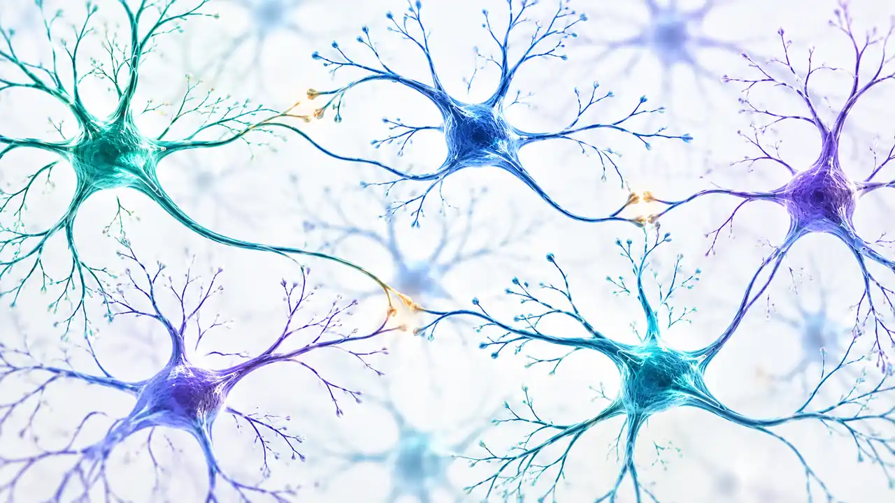 Neuronal Networks And Sedation Liability – Apconix Illustration Of Connected Teal, Blue And Purple Neurons On A Pale Background.