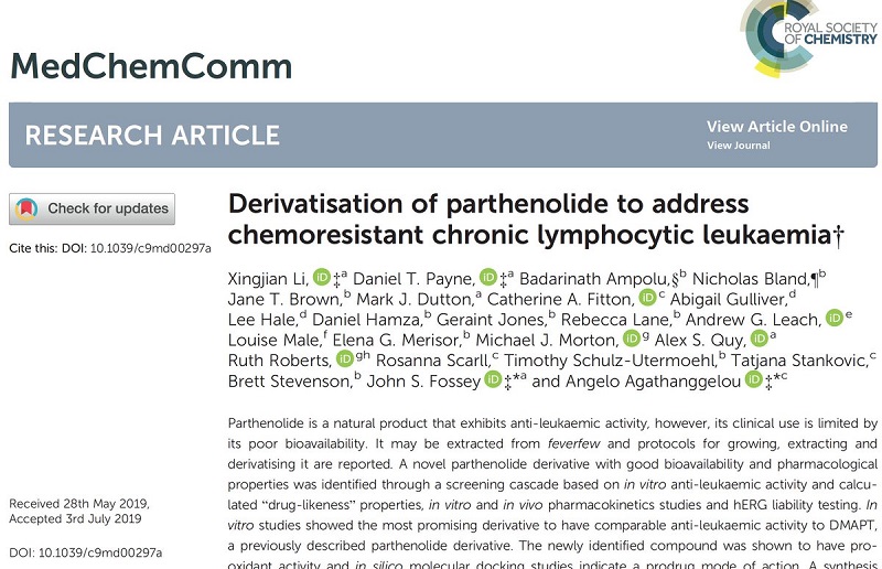 Derivatisation of parthenolide to address chemoresistant chronic lymphocytic leukaemia medchemcomm | ApconiX