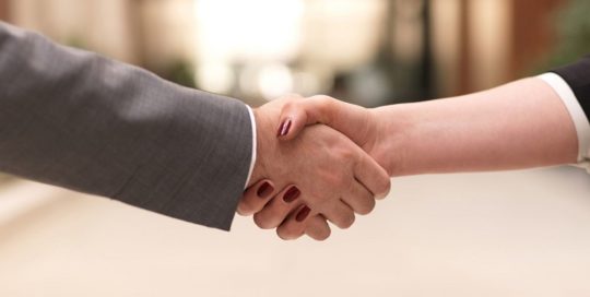 businessman and businesswoman handshake