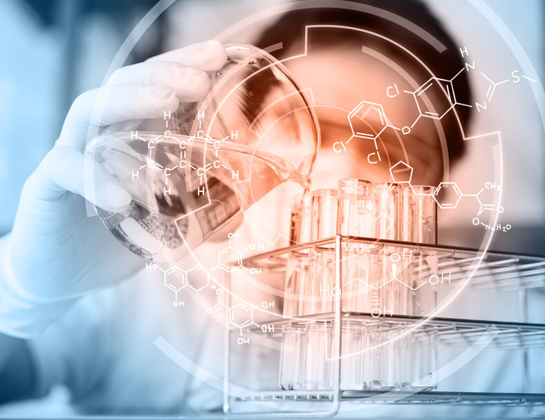 Glass laboratory chemical test tubes with liquid.Man wears prote Second solo image 1 | ApconiX