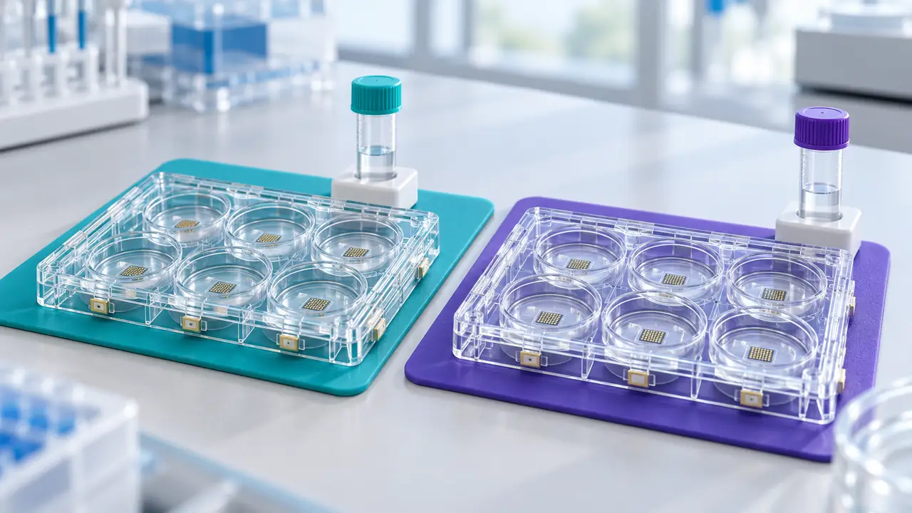 Two Clear Multiwell Electrode Plates On Teal And Purple Mats Beside Matching Sample Tubes.