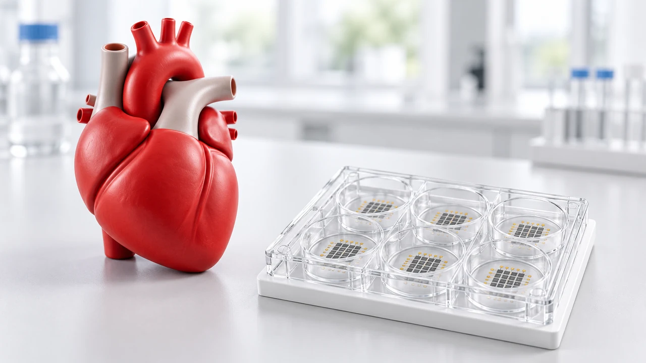 Illustration Of A Red Heart Model Beside A Clear Multielectrode Array Plate On A Light Laboratory Bench.