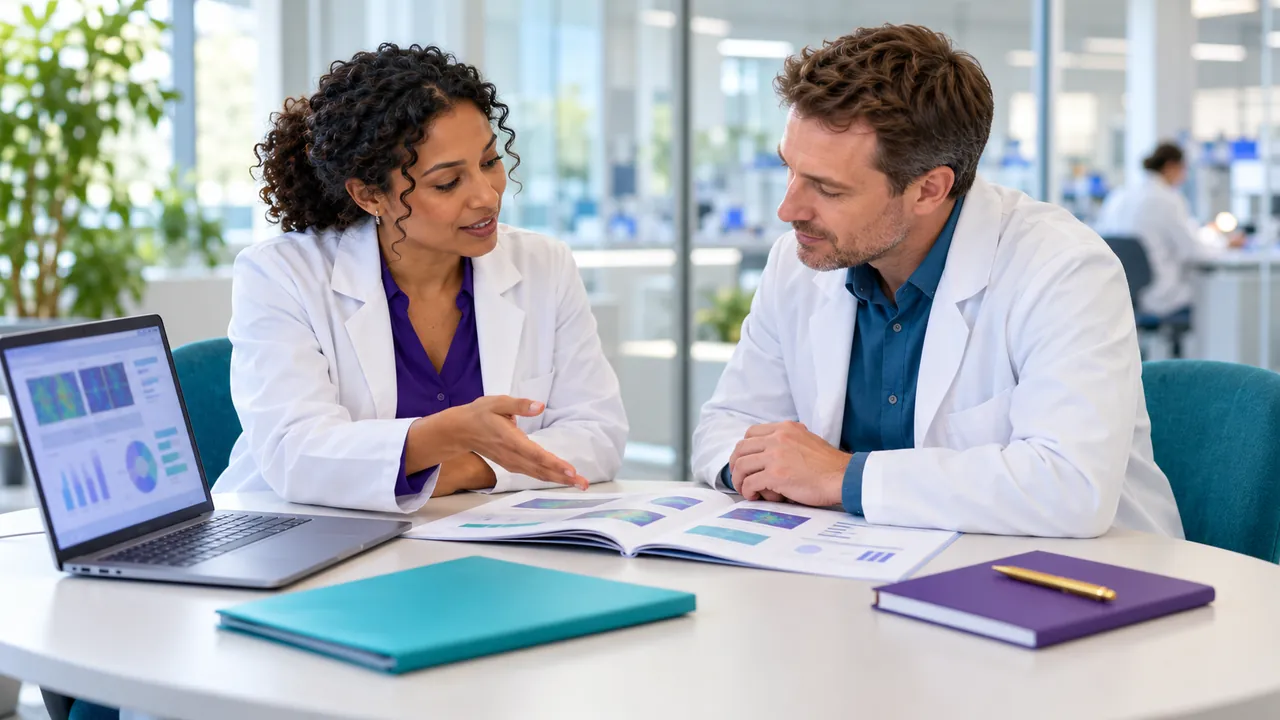 Two Scientists Reviewing A Printed Report Together Beside A Laptop In A Bright Laboratory Meeting Area.