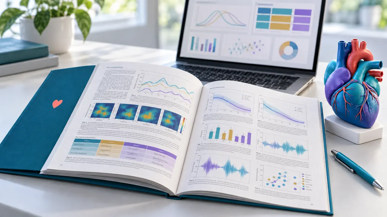 Open Report With Colourful Charts Beside A Laptop And A Blue And Purple Heart Model.