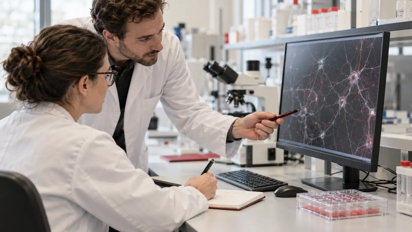 Two Researchers Reviewing A Neuron Culture Image On A Laboratory Computer Screen.