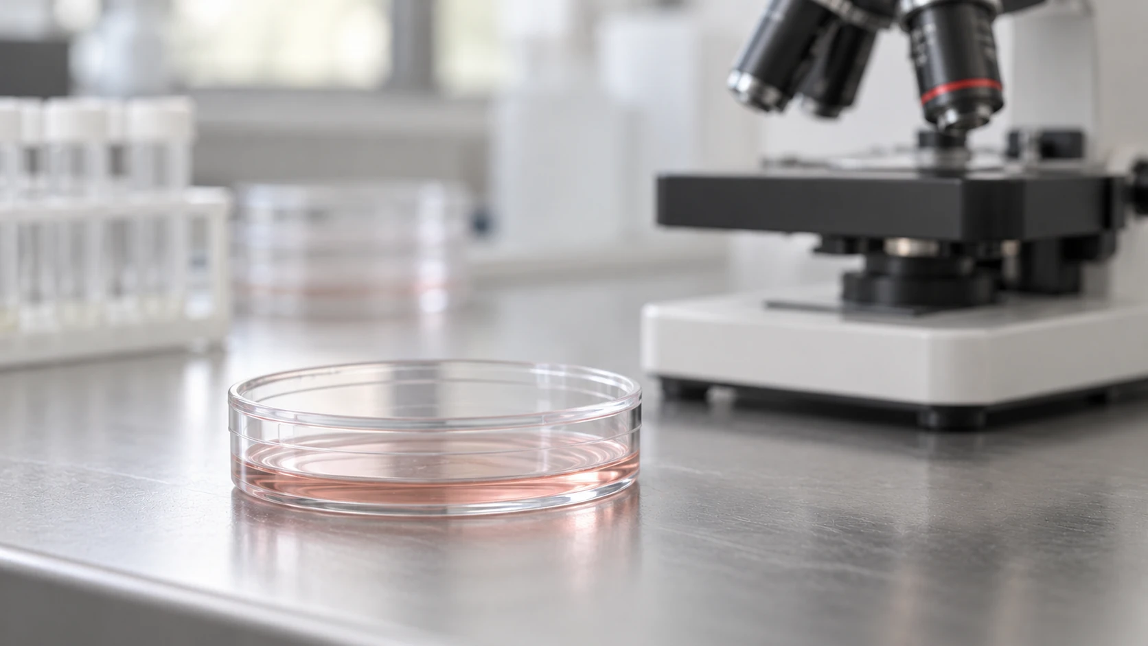 Cell Culture Dish Containing Pale Pink Liquid Beside A Microscope On A Laboratory Bench.