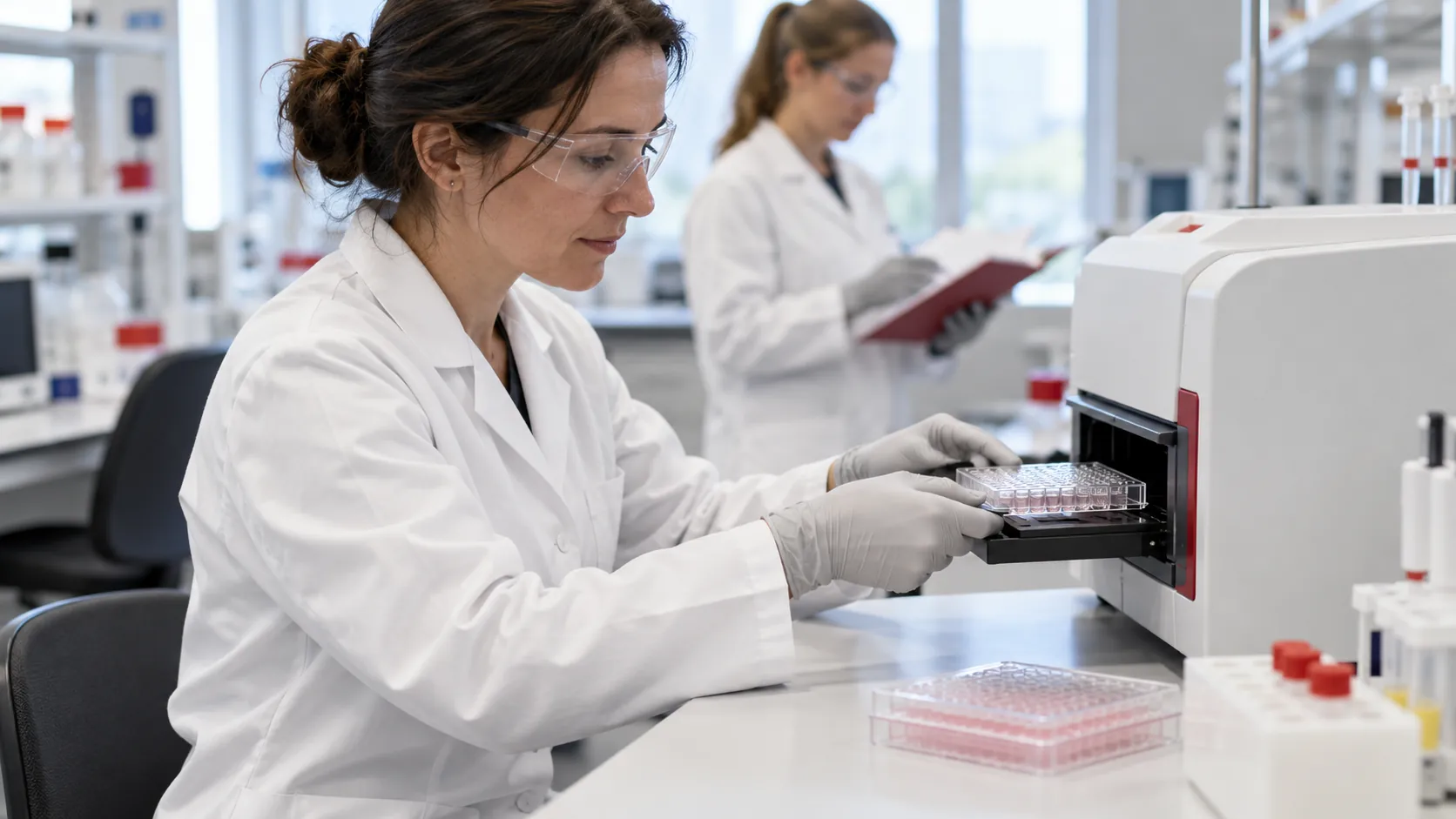 Researcher Loading A Multiwell Plate Into A Laboratory Instrument While A Colleague Reviews Notes.