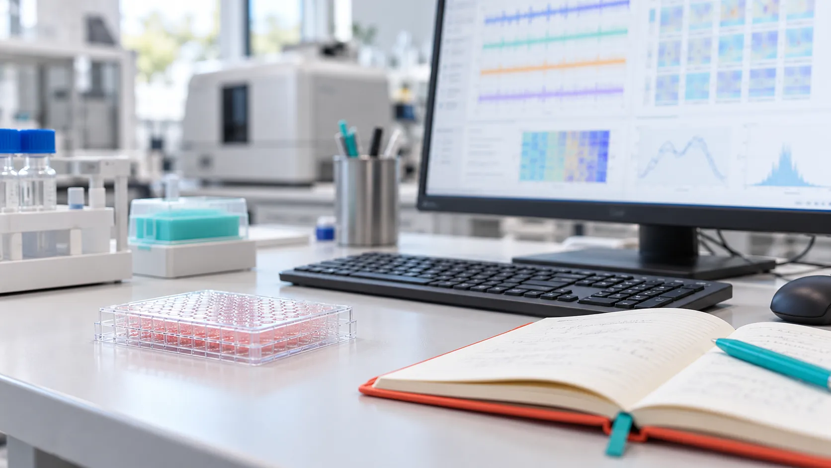 Laboratory Workstation With Coloured Plots On A Monitor, A Multiwell Plate And An Open Research Notebook.