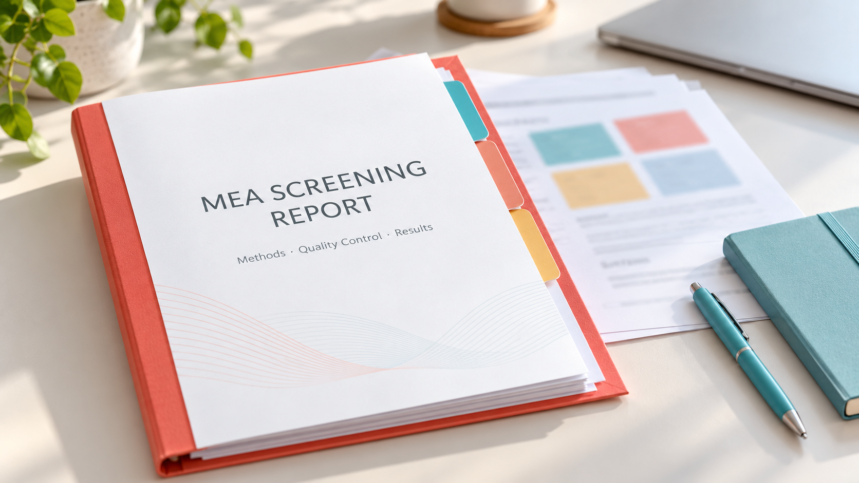 Mea Screening Report In A Red Folder With Coloured Tabs, Beside A Turquoise Notebook And Pen.