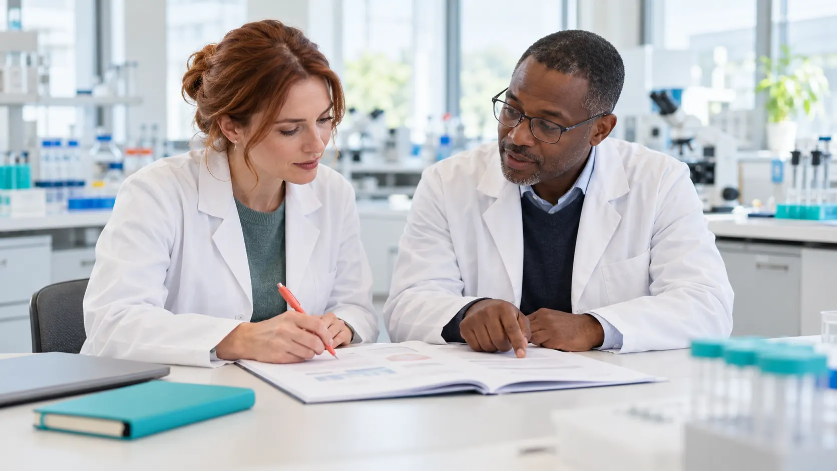 Two Researchers In Lab Coats Reviewing A Printed Report Together In A Laboratory.