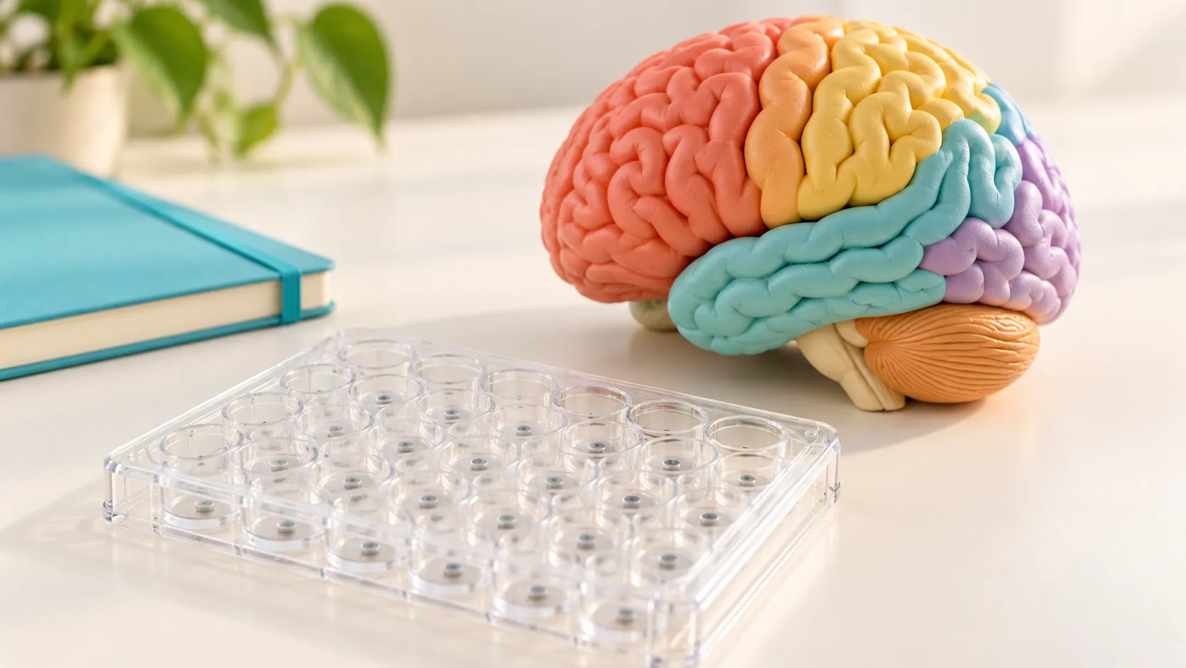 Multicoloured Anatomical Brain Model Beside A Clear Multiwell Plate And Turquoise Notebook.