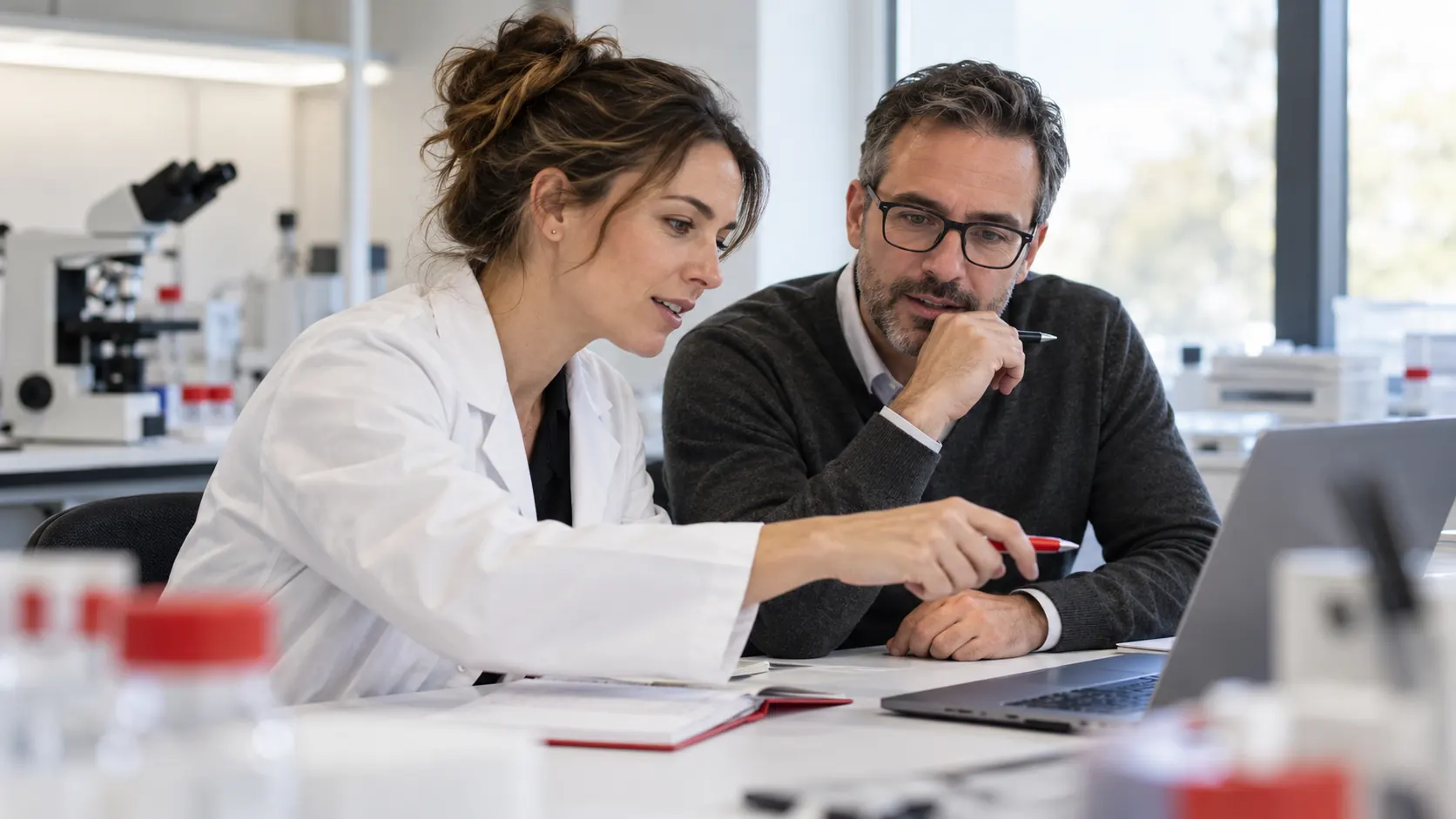 Two Researchers Discussing Work At A Laptop In A Laboratory.