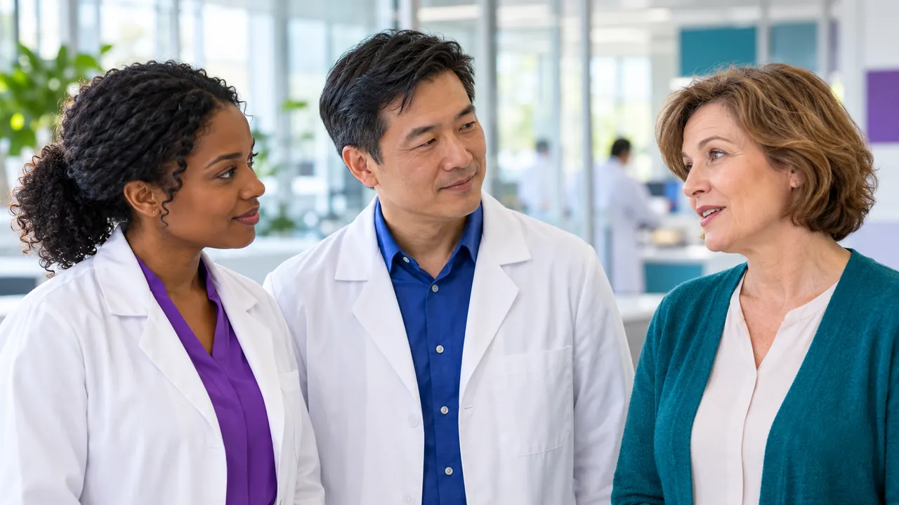 Expert Support For Sedation Mea Studies – Apconix Two Scientists In Lab Coats Talking With A Colleague In A Teal Cardigan.